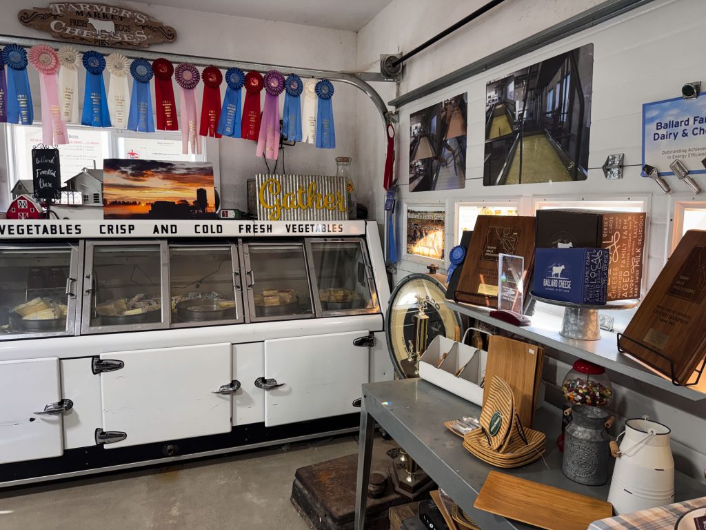 A farm store in Gooding, ID, with an old-fashioned vegetable cooler, award ribbons above, cheese displays, a metal shelf with baskets, and charming farm-themed decor on the walls and windowsills.